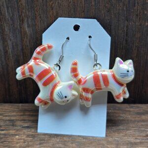 NWT Orange Cat Earrings Pierced Striped Cat Lady Dangle Drop Jewelry Handmade